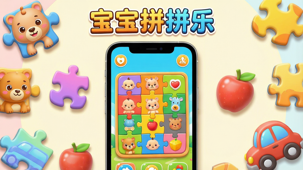 һ��չʾ����ƴƴ��App���Ľ���ĳ���ͼ�������������ֻ���Ļ��ʾɫ�����޵Ķ�ͯƴͼ��Ϸ���棬��Χɢ���ſ�ͨ���ˮ����С������ƴͼ��ƬԪ�أ����岼�ֲ��û���ʽ��ͼͻ���ֻ����壬���Ϊ����ɰ��Ŀ�ͨ3D��Ⱦ��ϸ�ڰ���Բ���ƴͼ���Ե����͵���Ӱ��������ɫ�ʽ��䣬���������ɾ��޶���Ԫ�أ�ͼƬ�Ϸ��С�����ƴƴ�֡�����