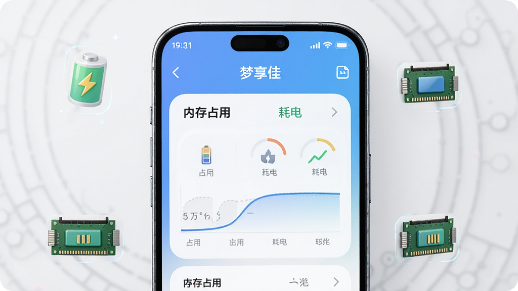 ����չʾһ�������ֻ�����Ļ��ʾ�������ѡ�App�Ĵ洢ռ�úͺĵ�ͳ�ƽ��棬ͼ��������ʾ�ڴ�ռ�ü��͡��ĵ�����ƽ�����ֻ���Χ�����ŵ�ء��ڴ�����Сͼ�꣬������¿Ƽ��У�����Ϊǳ��ɫ�����ʸɾ������ֱ�ǩ��ȷ��ע�������ѡ���