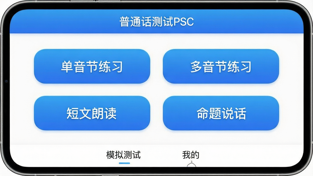 一张手机屏幕展示“普通话测试PSC”App主界面,顶部是蓝色渐变标题栏写着“普通话测试PSC”,中间是四个大按钮分别标注“单音节练习”“多音节练习”“短文朗读”“命题说话”,底部是“模拟测试”和“我的”两个标签,界面风格清新简洁,背景为白色,按钮为圆角矩形,配色以蓝白为主,画质清晰干净,无多余元素