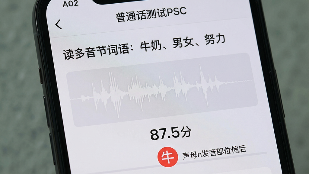 一张手机屏幕特写,显示“普通话测试PSC”的AI评分界面,屏幕上方是题目“读多音节词语:牛奶、男女、努力”,中间是录音波形图,下方是评分结果“87.5分”,并且“牛”字被标红,旁边有小字提示“声母n发音部位偏后”,界面背景为浅灰色,文字清晰,风格专业简洁,画质干净