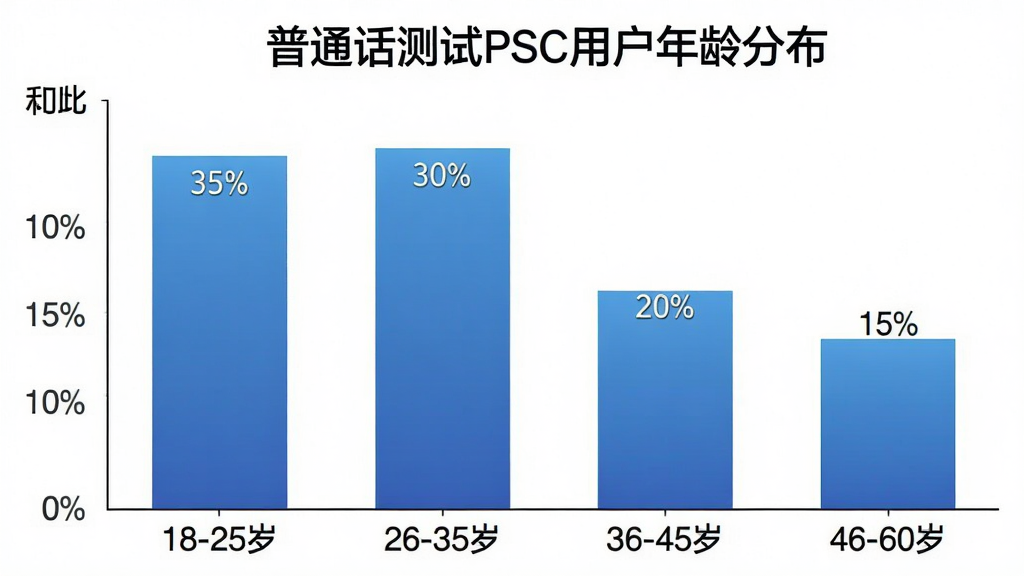 一张柱状图,标题为“普通话测试PSC用户年龄分布”,横轴为年龄段“18-25岁”“26-35岁”“36-45岁”“46-60岁”,纵轴为用户占比百分比,四个柱子分别显示“35%”“30%”“20%”“15%”,柱子颜色为蓝色渐变,背景为白色,图表简洁清晰,无多余元素