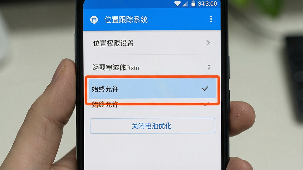 一张手机操作示意图,展示位置跟踪器在安卓系统中的权限设置界面,高亮标注“始终允许”定位权限选项和“关闭电池优化”按钮,界面风格简洁明了,蓝白色调,高清画质,无多余元素
