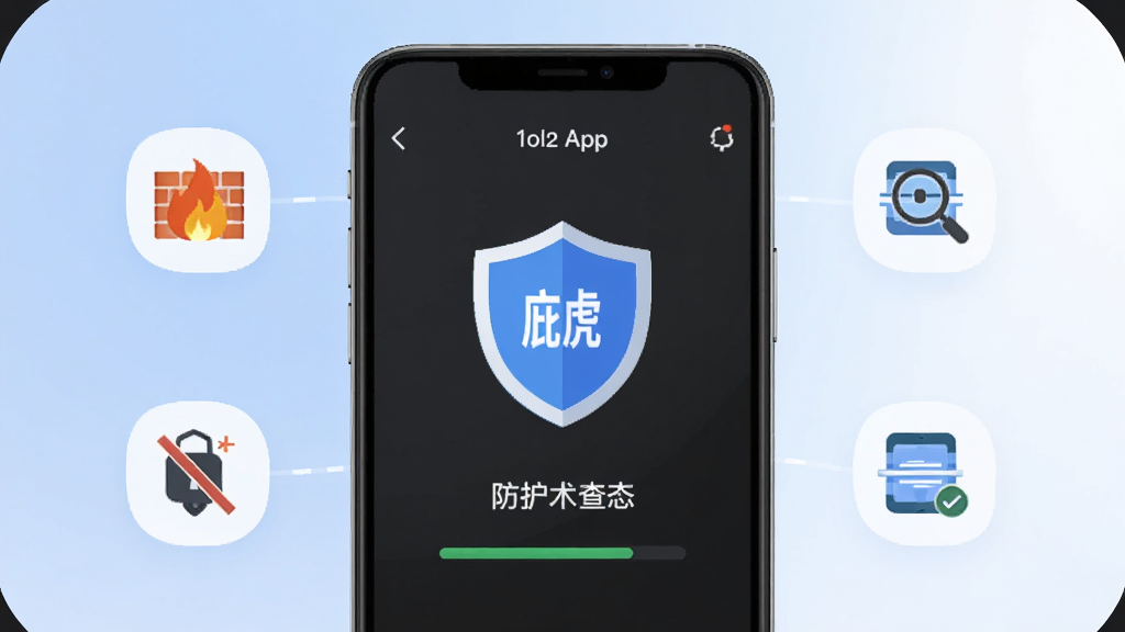 �ӻ��ֻ���ȫ����App������չʾ������������һ�������ֻ�����Ļ��ʾ�ӻ�App�Ķ����ΰ�ȫͼ��ͼ��ķ���״̬���棬��������͵����׽��䣬��Χ�����ŷ���ǽ�����ء�ɨ���Сͼ�꣬�������ִ���ƽ�����ʸɾ��������޶���Ԫ��