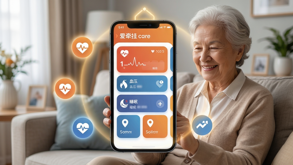 ��ǣ��care �ֻ�Ӧ��������չʾ������������һ�������ֻ�����Ļ��ʾ�������ݿ��壬�������ʡ�Ѫѹ��˯�ߡ���λ��Ƭ����ɫ����ů�ĳ���ɫ��Ϊ���������ǾӼҿ���������һλͷ�����׵���������ɳ����΢Ц�ſ��ֻ������沼�����ֻ�ռ�������壬��Χ���ƽ���ͼ����ػ����Σ������ܰдʵ��ϸ�ڷḻ�������������ɾ����޶���Ԫ��