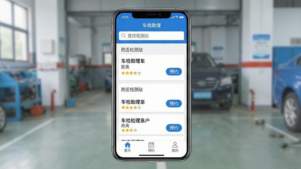 一张展示车检助理App核心功能的手机界面截图,画面中央是一部竖屏手机,屏幕上显示车检助理的主页,顶部有搜索框写着