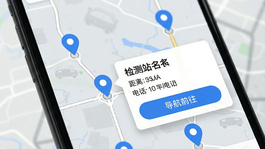 车检助理App的检测站查询页面特写,手机屏幕显示地图模式,地图上有多个蓝色定位图标代表检测站,点击其中一个图标弹出信息卡片,卡片上写着检测站名称、距离、电话和