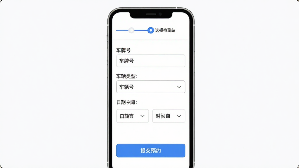 车检助理App的年检预约界面,手机屏幕显示预约表单,包含车牌号输入框、车辆类型下拉菜单、日期和时间段选择器,下方有一个蓝色的