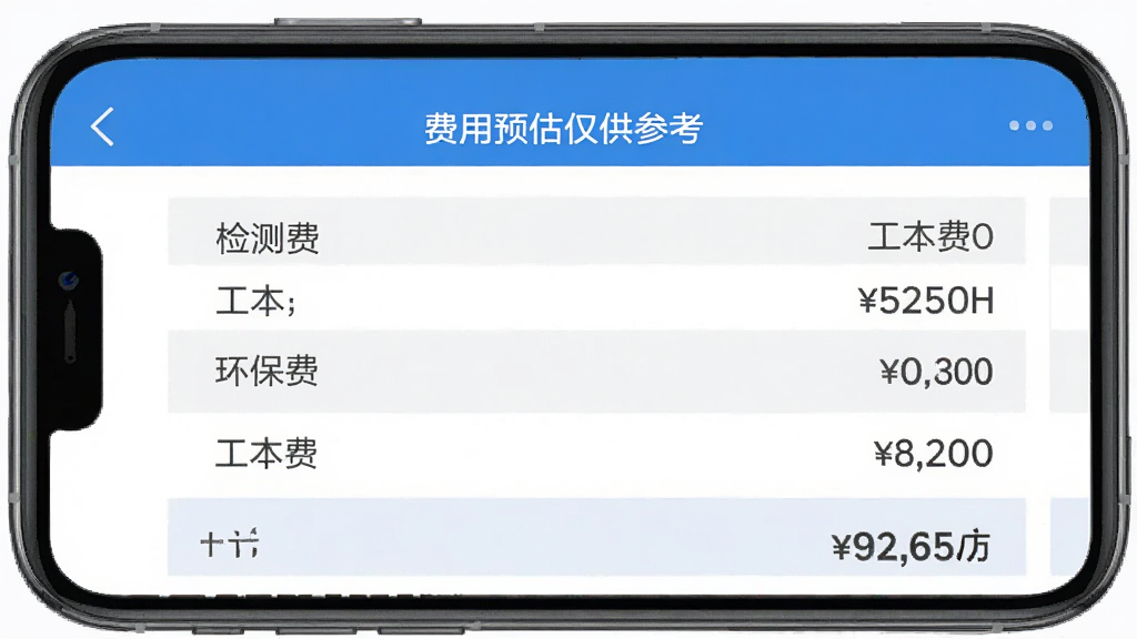 车检助理App的费用预估页面,手机屏幕显示一张费用明细表格,包含检测费、环保费、工本费等条目和对应金额,底部有合计金额,页面顶部有