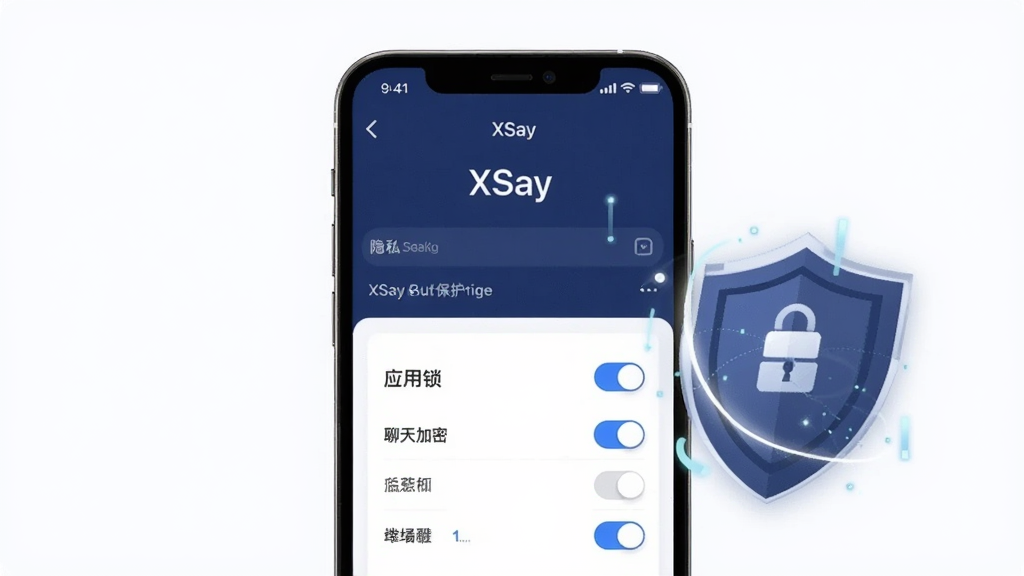 һ�ű���XSay��˽�������ܵ�ʾ��ͼ������������һ���ֻ���Ļ����Ļ��ʾ��XSay������˽����ҳ�棬�С�Ӧ��������������ܡ���ѡ��أ��Ա���һ��������״��ͼ�꣬����ɫ��Ϊ����ɫ�Ͱ�ɫ�����Ƽ��м�࣬���ʸɾ����޶���Ԫ��
