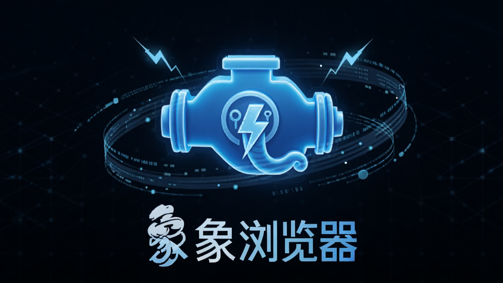 一张展示巨象浏览器极速内核引擎概念的图片,画面中央是一个发光的蓝色引擎图标,周围环绕着闪电和数据流线条,引擎下方有巨象浏览器的文字标识,背景是深色科技感网格,风格简约科技,细节锐利,画质干净无多余元素