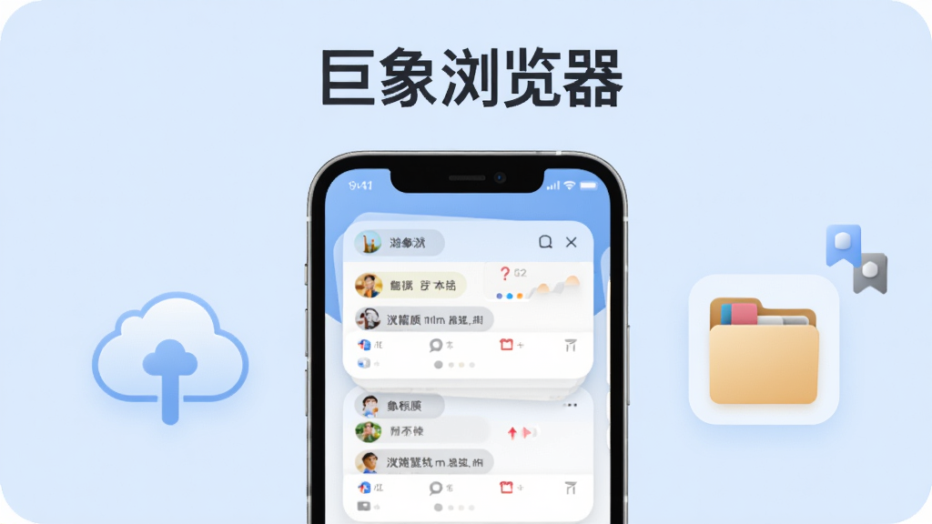 一张展示巨象浏览器多标签与书签同步功能的图片,画面中央是一部手机屏幕显示多个标签页卡片式排列,旁边有云朵同步图标和书签文件夹图标,手机上方有巨象浏览器文字标识,背景是柔和的浅蓝色,风格清爽现代,细节圆润,画质干净无多余元素