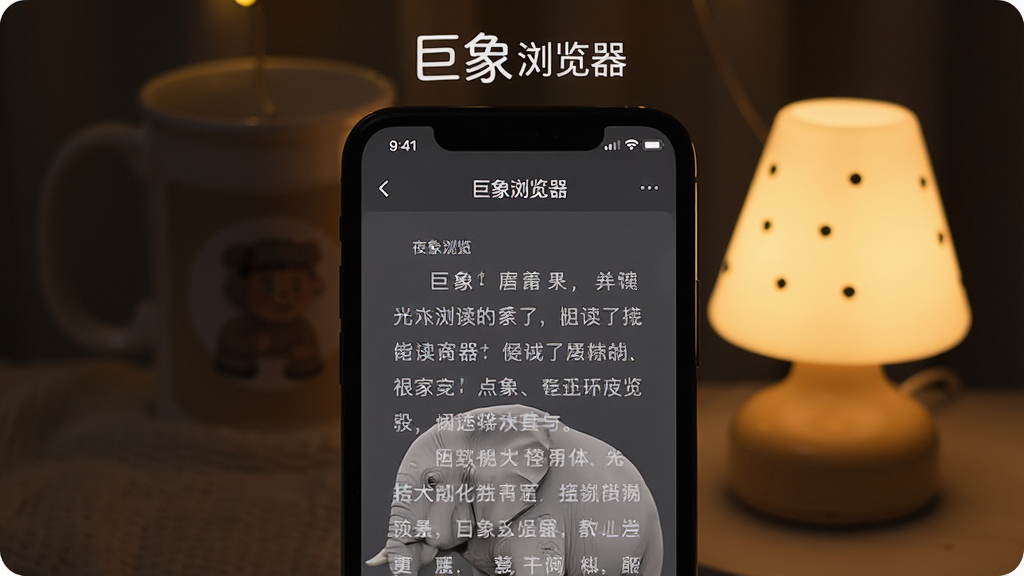 一张展示巨象浏览器夜间模式与阅读优化功能的图片,画面是一部手机在暗光环境下显示阅读模式界面,文字清晰柔和,背景为深灰色,手机旁边有一盏小夜灯,手机屏幕上方有巨象浏览器文字标识,风格温馨舒适,细节柔和,画质干净无多余元素
