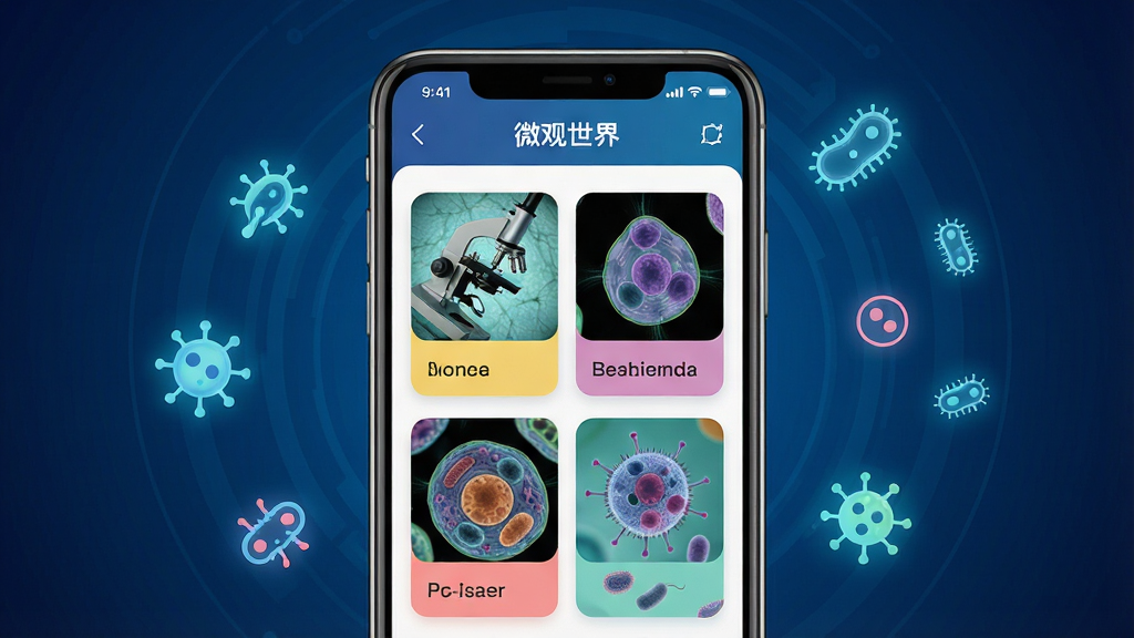 һ��չʾ΢������APP���ݿ��AI��ͼ������������һ���ֻ����ֻ���Ļ����ʾ��΢�����硱APP��̽��ҳ�棬ҳ���������Ÿ���΢�����ϸ���ṹ�Ĳ�ɫ��Ƭ����Ƭ������΢���µ���ʵͼ�񣬻������ִ���ƽ������������ɫ�ĿƼ��н��䣬�ֻ���ΧƯ���ŷ����΢����ͼ�꣬���廭�ʸɾ��������޶���Ԫ��