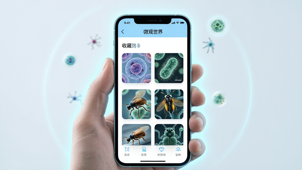 һ��չʾ΢������APP�ղع��ܵ�AI��ͼ��������һֻ�������ֻ����ֻ���Ļ����ʾ��΢�����硱APP���ղ�ҳ�棬ҳ���������������û��ղص�΢��ͼ������ͼ����ϸ����΢�������ṹ�ȣ������԰�ɫ��ǳ��ɫΪ��ɫ������������죬�ֻ���Χ��΢���ķ���Ч�������ʸ��壬�ɾ��޶���Ԫ��