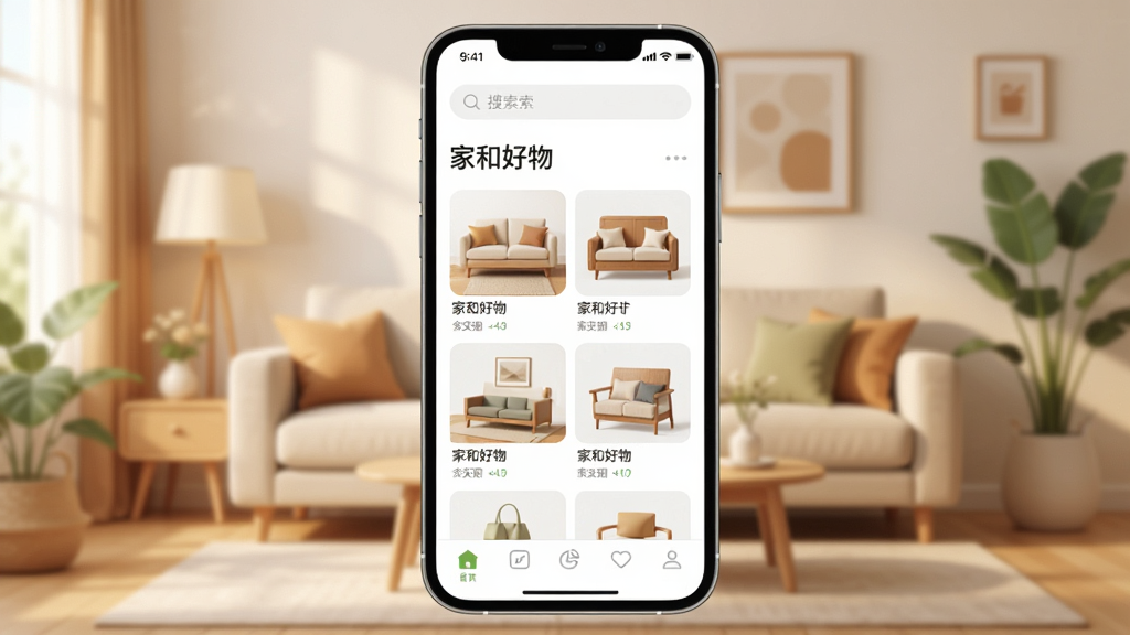 ��������ȫòչʾͼ�������������ֻ���Ļ����Ļ����ʾ���Һͺ��APP�������棬���沼�ּ�࣬�������������м��ǼҾ���Ʒ����չʾ���ײ��е���������������ܰ�ļ�ͥ��������������ִ���ƽ��ϸ��Բ�󣬻��ʸɾ����޶���Ԫ��