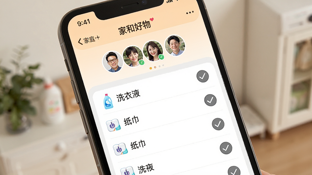AI��ͼ��ʾ�ʣ��ֻ���Ļ��ʾ���Һͺ��APP�ļ�ͥ�����嵥ҳ�棬�嵥���С�ϴ��Һ������ֽ��������Ŀ�������ѹ�ѡ�������м�ͥ��Աͷ�񣬲��������������ܰ�����ʸɾ����޶���Ԫ��