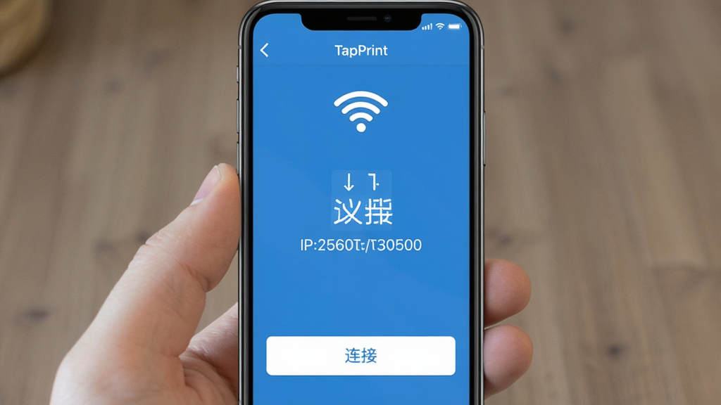 һ���ֻ���Ļ��ͼ����ͼƬ��չʾ��TapPrint��Ӧ����������ӡ��������ӽ��棬������WiFi�ź�ͼ�꣬�м���ʾ��ӡ�����ƺ�IP��ַ���ײ��С����ӡ���ť�������࣬������ɫ����ƽ����ƣ���������