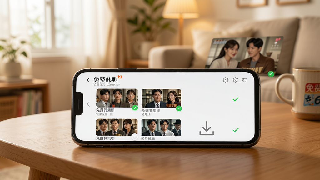 一部手机放在桌面上,屏幕上显示“免费韩剧”应用的缓存管理界面,列表中有多个已缓存完成的剧集缩略图,旁边有下载完成的勾选标记,背景是温馨的家居环境,光线柔和,画面清晰。