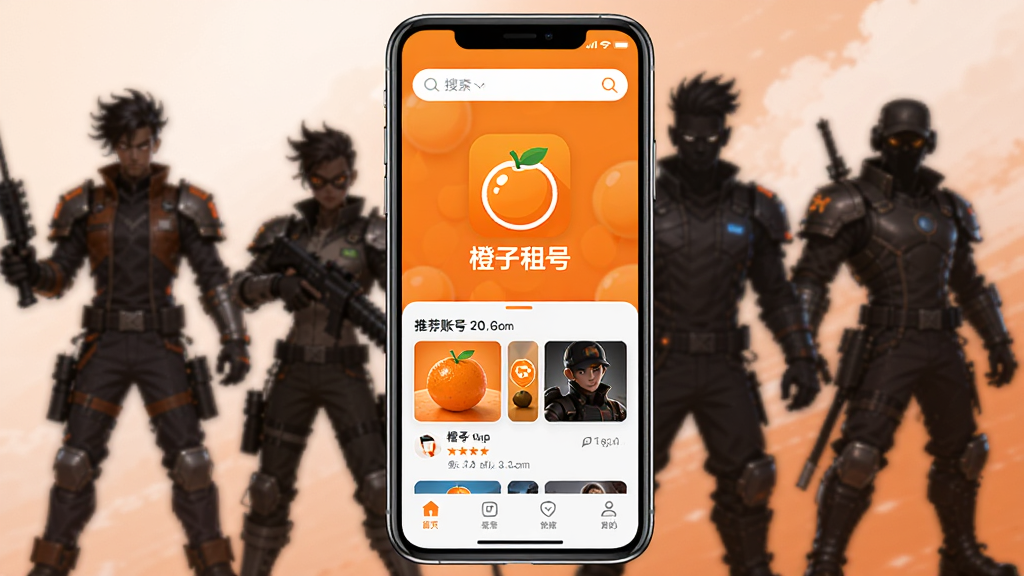 橙子租号应用主界面展示,手机屏幕中央显示橙子租号APP的Logo和名称,背景是热门游戏角色剪影,界面布局为顶部搜索栏、中间推荐账号列表、底部导航栏,风格现代扁平化,色彩以橙色和白色为主,细节清晰,画质干净无多余元素