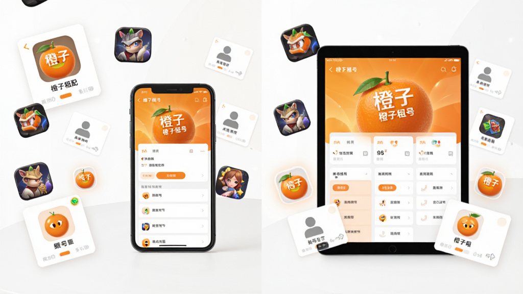 橙子租号多端适配展示,画面同时出现手机和平板设备,屏幕上都显示橙子租号界面,设备周围环绕游戏图标和账号卡片,布局为左右分屏对比,风格简洁明快,色彩以橙白灰为主,细节清晰,画质干净无多余元素