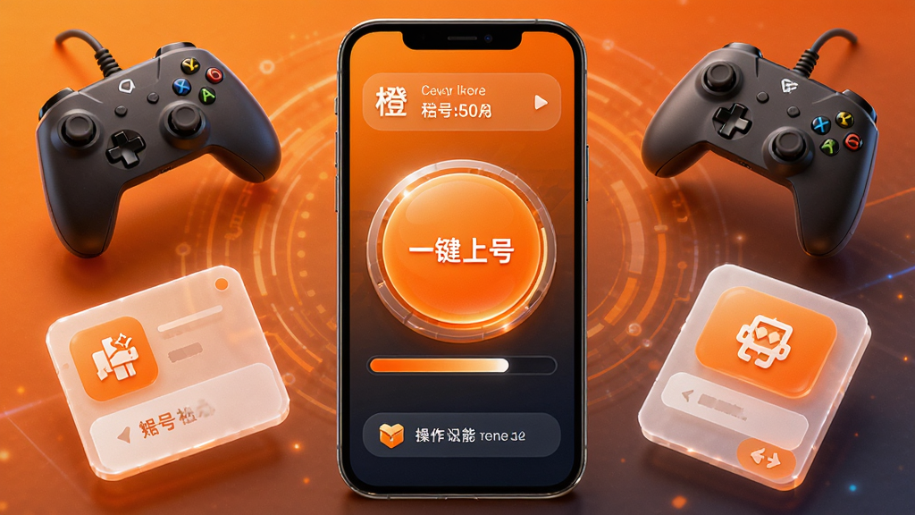 橙子租号登号器功能界面,手机屏幕显示一键上号按钮和进度条,周围环绕游戏手柄、账号卡片等元素,布局为中央大按钮、上方账号信息、下方操作提示,风格科技感十足,色彩以橙色渐变为主,细节圆润,画质干净无多余元素