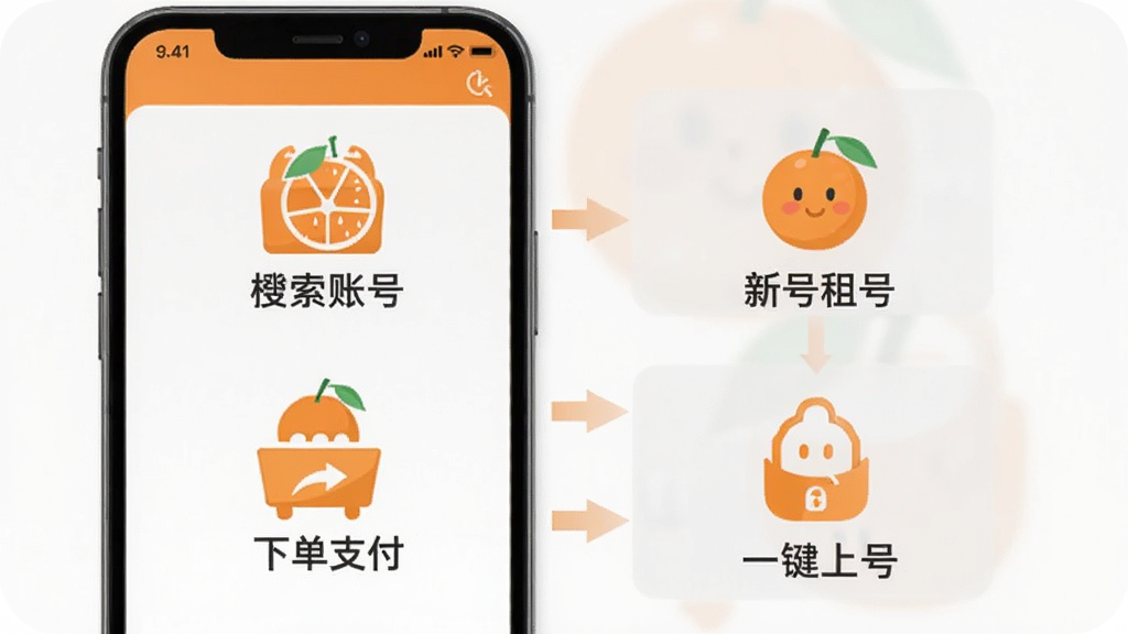 橙子租号新手操作流程图,画面以手机屏幕为载体,展示从打开APP、搜索账号、下单支付到一键上号的四个步骤,每个步骤配简洁图标和文字说明,布局为纵向流程排列,风格扁平化信息图,色彩以橙色和浅灰为主,细节清晰,画质干净无多余元素