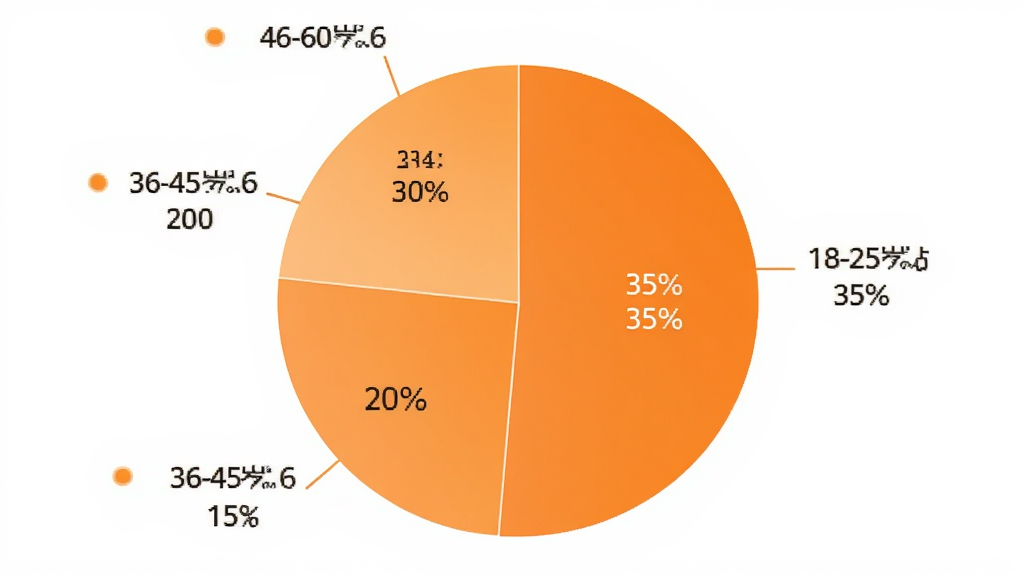 橙子租号用户年龄分布饼状图,图表显示18-25岁占比35%、26-35岁占比30%、36-45岁占比20%、46-60岁占比15%,饼图配色以橙色系渐变为主,背景干净,标注清晰,画质简洁无多余元素