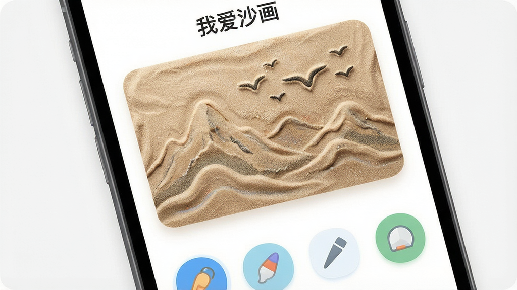 一张手机屏幕特写,屏幕显示“我爱沙画”应用界面,画面中央是细腻的沙画纹理,有山峦和飞鸟的轮廓,下方有多个工具图标,整体布局简洁,风格现代扁平,细节圆润,画质干净,无多余元素