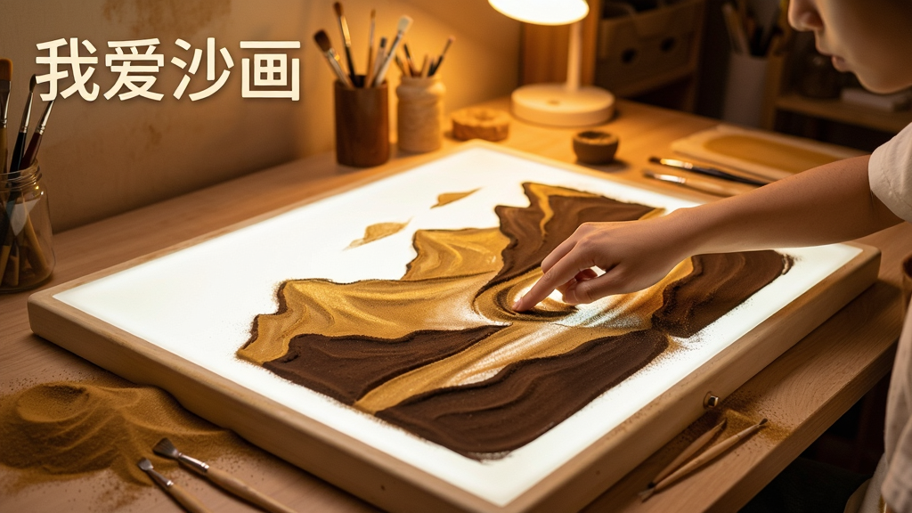 一幅充满艺术氛围的沙画创作场景,画面中央是一块明亮的发光沙画台,上面用金色和深棕色细沙绘制出山水轮廓,一位年轻人的手指正在沙面上轻扫,周围散落着沙粒和简单的绘画工具,背景是温馨的暖色调工作室,画面左上角带有“我爱沙画”字样,整体布局干净,风格写实温馨,细节丰富,画质清晰,无多余元素