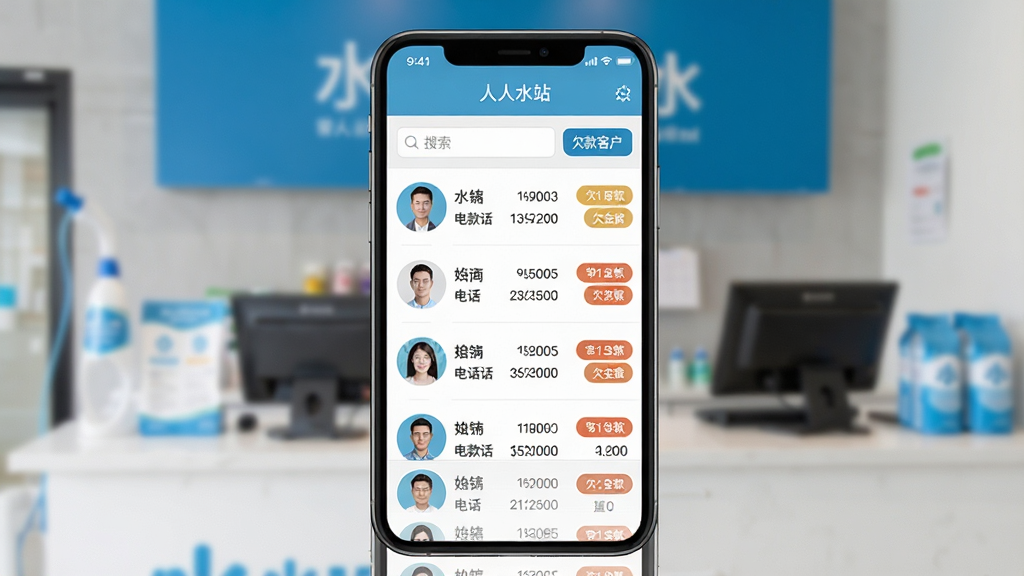 һ�š�����ˮվ��APP�Ŀͻ����������ͼ�������������ֻ���Ļ����Ļ����ʾ�ͻ��б���ÿ���ͻ���ͷ���������绰��Ƿ�����ǩ��������������͡�Ƿ��ͻ���ɸѡ��ť��������ģ����ˮվǰ̨����������ִ���ƽ��ϸ�����������ʸɾ����޶���Ԫ��