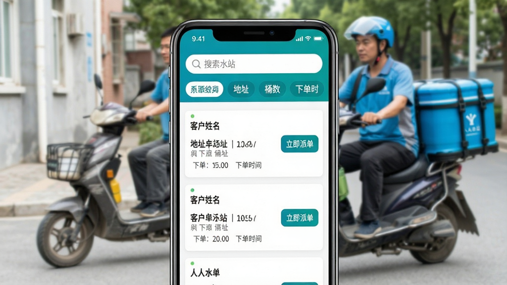 һ�š�����ˮվ��APP�Ķ����ɵ������ͼ�������������ֻ���Ļ����Ļ����ʾ���ɵ��б���ÿ��������Ƭ���пͻ���������ַ��Ͱ�����µ�ʱ�䣬�Ҳ��С������ɵ�����ť���������������ɸѡ��ǩ�������黯��ʾ��ˮʦ����綯����ˮ�ĳ����������������ϸ�����������ʸɾ����޶���Ԫ��