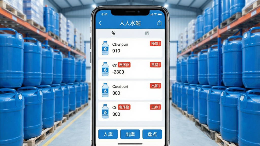 һ�š�����ˮվ��APP�Ŀ����������ͼ�������������ֻ���Ļ����Ļ����ʾͰװˮ����б���ÿ��ˮ�Ա��п�����ֺͺ�ɫԤ����ǩ���ײ��С���⡱�����⡱���̵㡱������ť������������ѷŵ�Ͱװˮ�ֿ⣬�����ˬ��ɫ�����ף�ϸ�����������ʸɾ����޶���Ԫ��