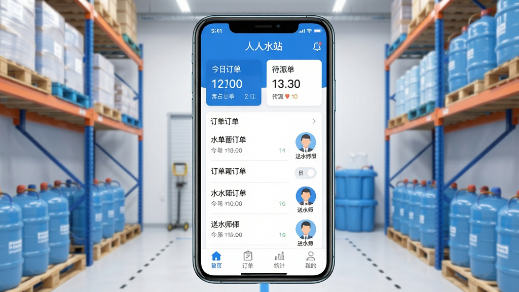 һ��չʾ������ˮվ��APP���Ľ�����ֻ�����ͼ�������������ֻ���Ļ����Ļ����ʾˮվ������̨��ҳ�������С����ն������͡����ɵ������ֿ�Ƭ���м��Ƕ����б�����ˮʦ��ͷ��ͼ�꣬�ײ��С���ҳ������������ͳ�ơ����ҵġ��ĸ�������ǩ�������Ǹɾ���ˮվ�ֿ���ܺ�Ͱװˮ���������ִ���ƽ��ɫ������ɫ�Ͱ�ɫΪ����ϸ�����������ʸɾ����޶���Ԫ��