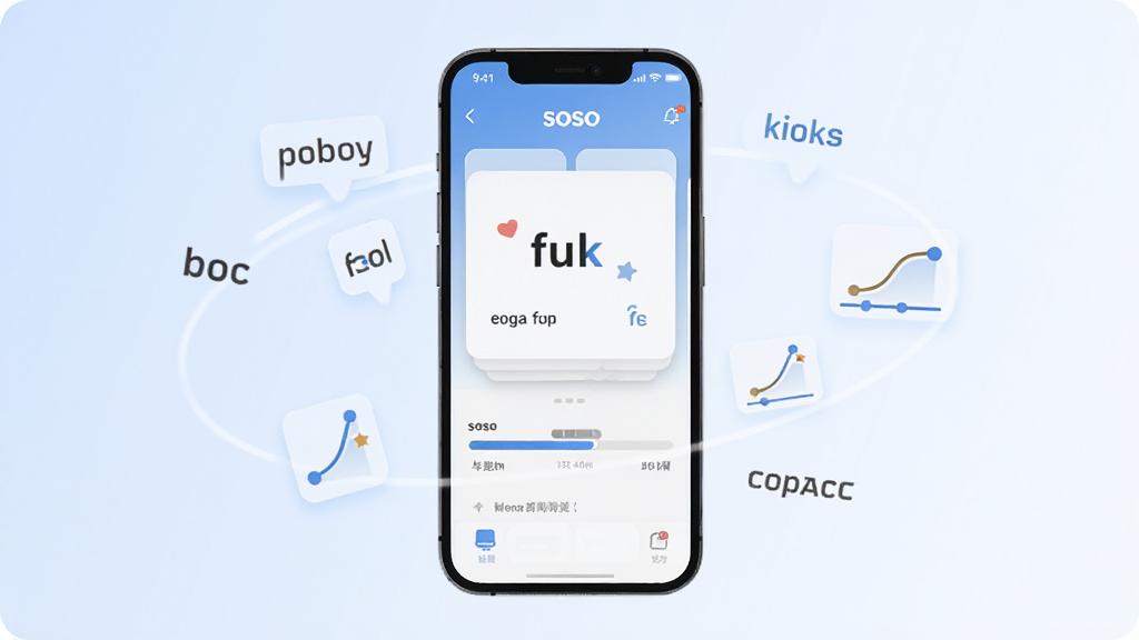 һ����ˬ�ı�����Ӧ�ó����������������ֻ���Ļ��ʾsoso������APP���棬��Ļ���е��ʿ�Ƭ�ͽ���������Χ������Ư����Ӣ�ĵ��ʺͼ�������ͼ�꣬��������͵�����ɫ����������ִ������ʸɾ��޶���Ԫ��