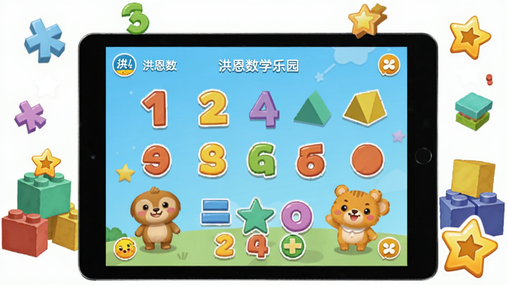 һ��չʾ�����ѧApp���Ľ���ĳ���ͼ������������ƽ�������Ļ����ʾ�����ѧ�Ŀ�ͨ��ѧ��԰�����棬�����֡�����ͼ�κͿɰ���С�����ɫ����Χ��������ѧ���š���ɫ��ľ�����ǽ���ͼ�꣬����������������������õĶ�ͯ�廭�磬ϸ�ڷḻ�����ʸɾ����޶���Ԫ��