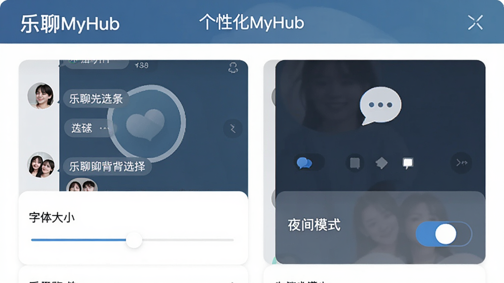 ����MyHub ���Ի����ý��棬չʾ���챳��ѡ�������С���ں�ҹ��ģʽ���أ��������С�����MyHub�����ֱ�ʶ�������ˬ���������룬���ʸɾ��޶���Ԫ��