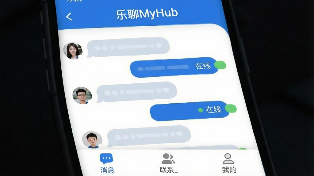 ����MyHub �罻��������������չʾ�������ˬ�������б����֣�������ʾ�������ơ�����MyHub�����м��Ǻ��ѶԻ����ݺ�����״̬��ʶ���ײ�����Ϣ����ϵ�ˡ��ҵ�����ѡ����������ִ���ƽ��������ɫ��ϸ��Բ�󣬻��ʸɾ��޶���Ԫ��