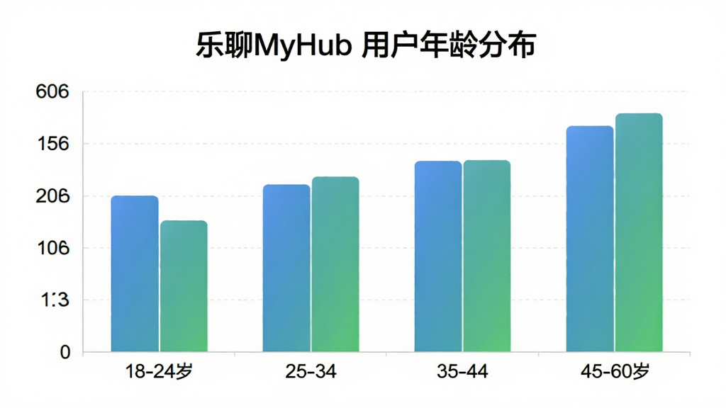 ����MyHub �û�����ֲ���״ͼ�������ע�����18-24�ꡢ25-34�ꡢ35-44�ꡢ45-60�꣬�����ע�û�ռ�ȣ���״ͼ��ɫΪ���̽��䣬ͼ���Ϸ��С�����MyHub �û�����ֲ������⣬��������ݿ��ӻ������ʸɾ��޶���Ԫ��