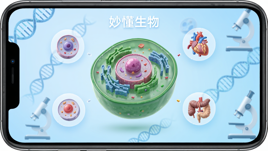 一张展示“妙懂生物”APP核心界面的图片,画面中央是一个3D旋转的植物细胞模型,旁边有动物细胞和人体器官的悬浮图标,背景是浅蓝色渐变,点缀着DNA双螺旋和显微镜图案,整体风格清新现代,画质干净明亮,无多余元素