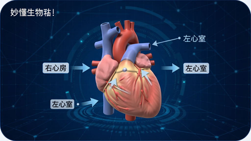 一张展示“妙懂生物”APP内3D心脏模型的图片,画面中一个立体的心脏模型悬浮在屏幕中央,周围有指示箭头和文字标签标注“右心房”“左心室”等结构,背景是深蓝色科技感网格,风格专业清晰,画质锐利,无多余元素