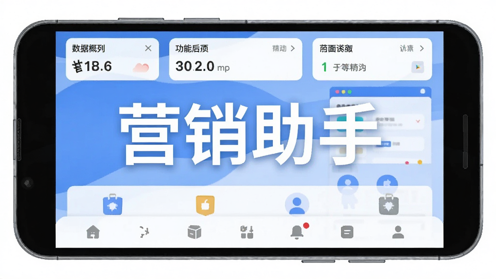 营销助手软件主界面展示,主体为一部安卓手机屏幕,屏幕中央显示“营销助手”四个大字和简洁的店铺管理仪表盘,布局分为顶部数据概览、中部功能入口、底部导航栏,排版清晰,风格现代扁平化,细节圆润,画质干净无多余元素
