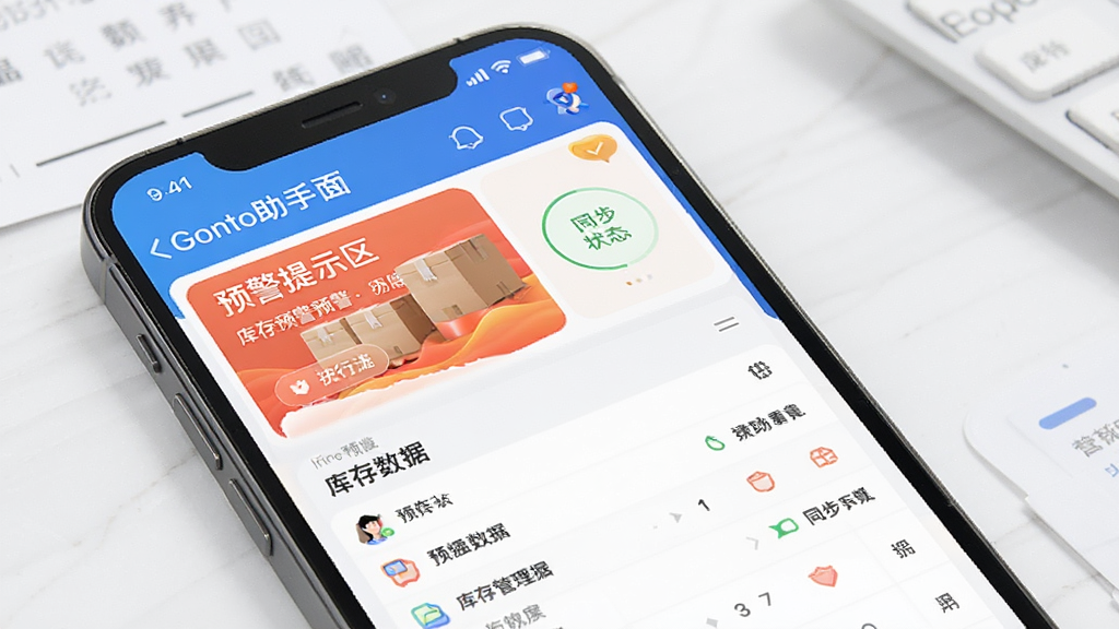 营销助手库存管理界面展示,主体为手机屏幕,屏幕中显示“营销助手”的库存预警列表和同步状态图标,布局分为预警提示区和库存数据区,排版清晰,风格清爽,细节精致,画质干净无多余元素