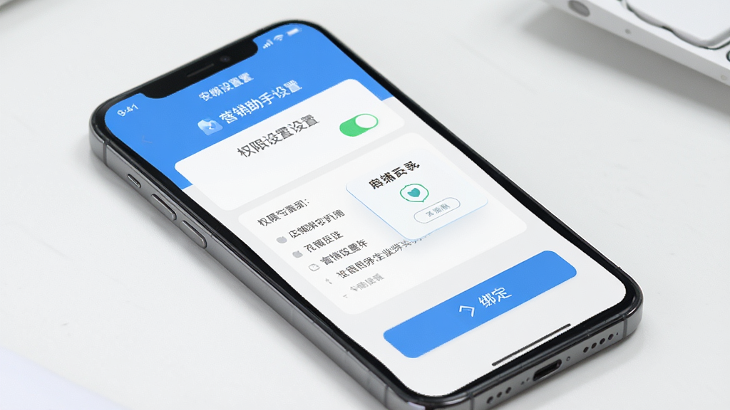 营销助手安装设置界面展示,主体为手机屏幕,屏幕中显示“营销助手”的权限设置页面和店铺绑定引导页,布局分为权限开关列表和绑定按钮,排版简洁,风格清爽,细节明确,画质干净无多余元素