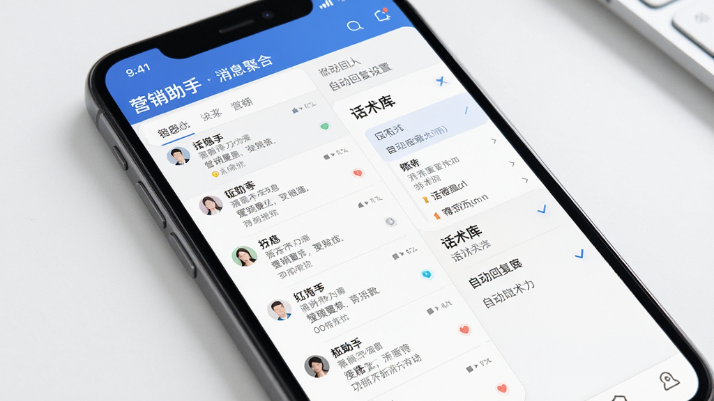 营销助手功能界面展示,主体为手机屏幕特写,屏幕中显示“营销助手”的消息聚合列表和自动回复设置面板,布局分为左侧消息流和右侧话术库,排版整齐,风格简约商务,细节清晰,画质干净无多余元素
