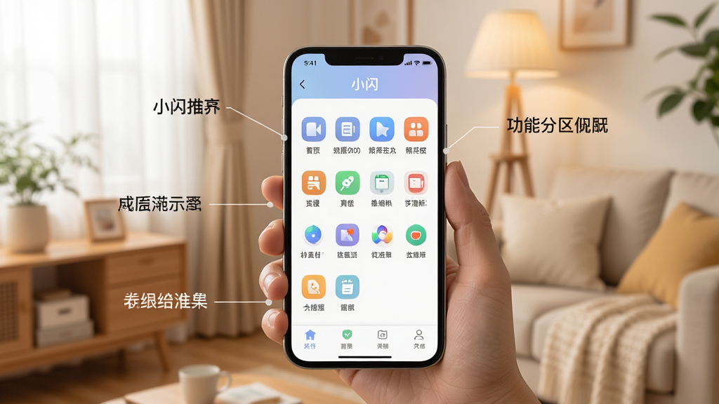 һ��С��App�Ĺ��ܷ���ʾ��ͼ��������һֻ�������ֻ�����Ļ������չʾ��С��������ҳ���֣�����ͼ���������룬�Ա��е��������ֱ�ע����������ܰ�ļҾӻ�������������������ͣ��޶���װ��