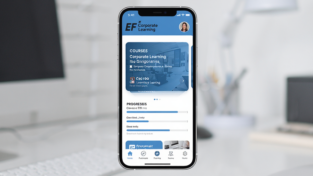 һ��չʾEF Corporate Learning�ֻ�Ӧ���������ͼƬ������������һ�����������ֻ�����Ļ��ʾEF Corporate LearningӦ����ҳ��������Ʒ��Logo���û�ͷ���м����������ſγ̿�Ƭ�ͽ��������ײ�Ϊ�����������ּ���������Ű�������Ϊ��ɫ��������ִ�����ϸ��Բ���£����ʸ���ɾ����޶���Ԫ�ء�