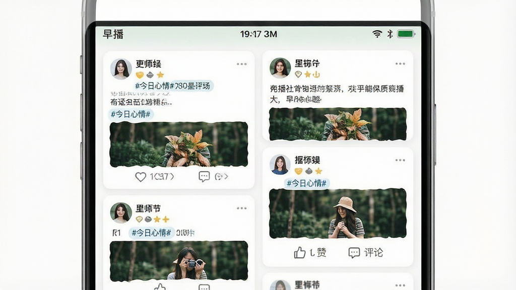 һ��չʾ���粥��App������̬�㳡�Ľ���ͼ���������ֻ���Ļ����Ļ����ʾ�ٲ���ʽ�Ķ�̬��Ƭ��ÿ�ſ�Ƭ�����û�ͷ���ǳơ��������ݺ���ͼ���ײ��е��޺����۰�ť�������Ű�Ϊ�����ٲ�������������罻�磬ϸ�����л����ǩ��#��������#�������ʸɾ����޶���Ԫ�أ�����Ϊ��ɫ��