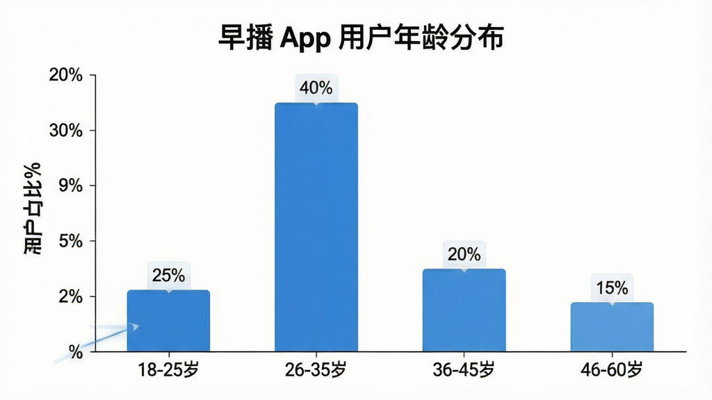 һ��չʾ���粥��App�û�����ֲ�����״ͼ��������ͼ��������Ϊ����Σ�18-25�ꡢ26-35�ꡢ36-45�ꡢ46-60�꣩������Ϊ�û�ռ�Ȱٷֱȣ���״ͼ��ʾ26-35��ռ����ߣ�ԼΪ40%��18-25��ԼΪ25%��36-45��ԼΪ20%��46-60��ԼΪ15%�������Ű���������������Լ��ϸ���������ݱ�ǩ�����ʸɾ����޶���Ԫ�أ�����Ϊ��ɫ��