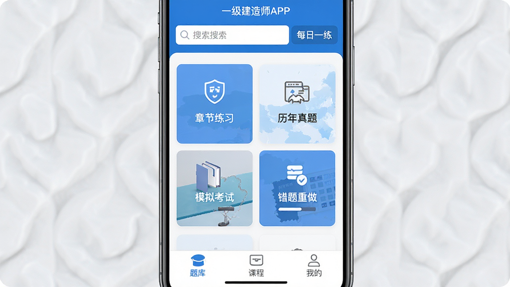 һ������ʦ�ֻ�APP�������ͼ����������չʾһ������ʦAPP�������ҳ���������������ÿ��һ����ڣ��м����½���ϰ���������⡢ģ�⿼�ԡ����������ĸ����ܿ�Ƭ���ײ�����⡢�γ̡��ҵ�����������ǩ���������������ɫ������ɾ����࣬���������ɱ棬����ִ���Լ�����ʸ����޶���Ԫ��