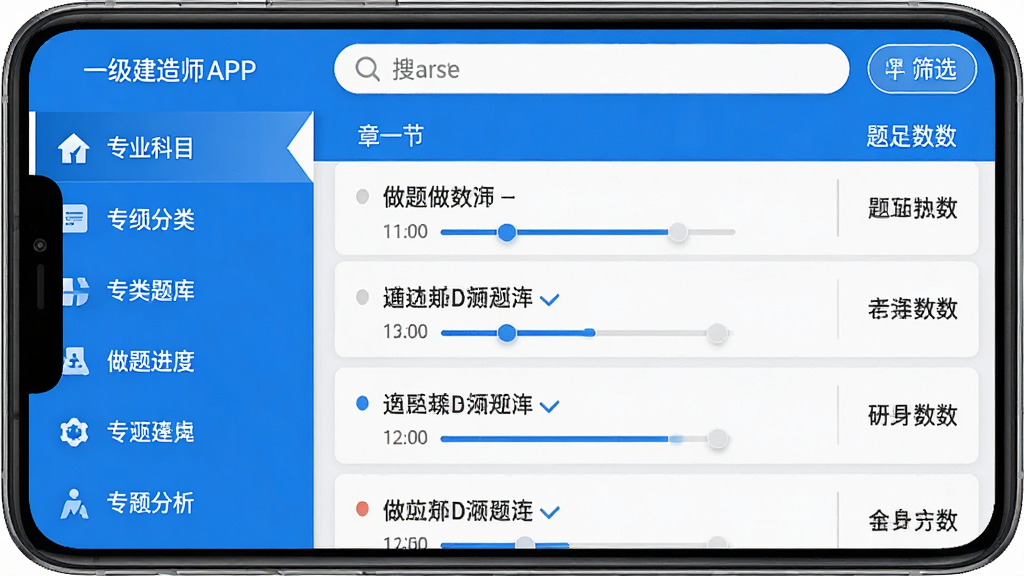 һ������ʦAPP����б����棬����չʾһ������ʦAPP���½���ϰҳ�棬�����רҵ��Ŀ���ർ�����Ҳ����½��б�����Ŀ������ʾ��ÿ����Ŀ�Ա���������ȱ�ǣ�ҳ�涥�����������ɸѡ��ť������������ɫ�������������������ֱ�ǩ��ȷ��������ִ������ʸɾ��޶���Ԫ��